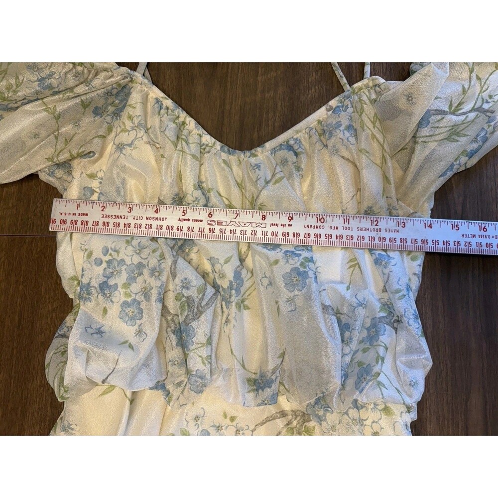 Vtg 70s Cream Delicate Blue Flowers Blouson Maxi Dress Floral Prairie Cottage - Picture 13 of 16